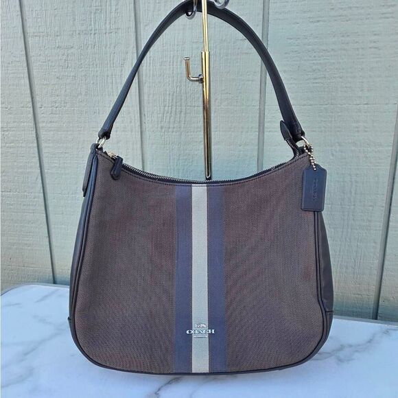 Coach Signature Jacquard With Varsity Stripe Midnight Blue Shoulder Bag - Picture 1 of 11